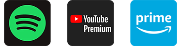 YouTube Premium, Prime Video and Spotify Premium logos